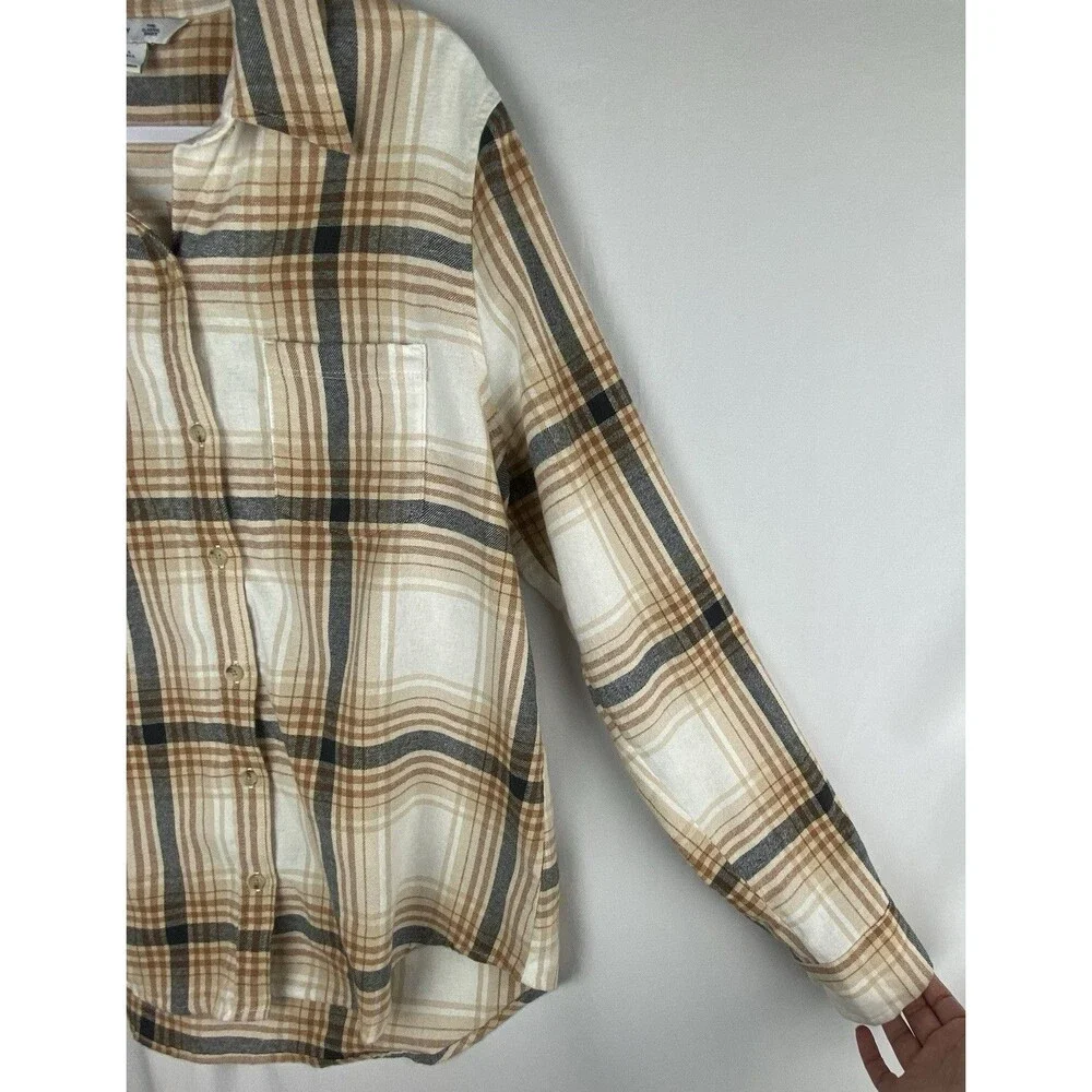 Old Navy Shirt Women LT Cream‎ Plaid Flannel Button Up Classic Fit 100% Cotton